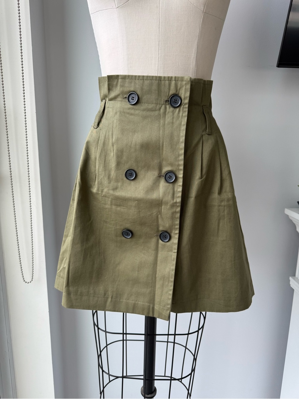 Bershka Olive Green Double-Row Button A-Line Skirt